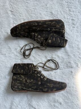 Jerome Dreyfuss Paris Raw Lace Up Suede Moccasin Bootie Camo EU 38 US 7.5-8